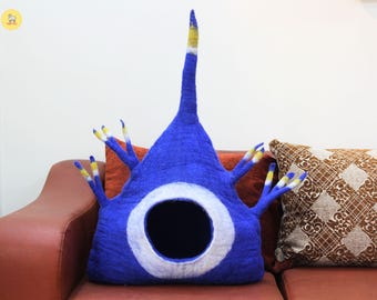 Handmade Wool Felt Cat Cave: Blue Monster Design Pet Bed