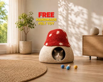 Felt Mushroom Cat Cave: Hand-Felted Natural Wool Pet Bed
