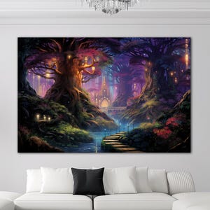 Fantasy forest canvas wall art print Kids room decor Fantasy art Magic forest print Mystical forest wall decor Large wall art