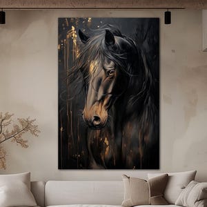 Black horse canvas wall art print Dark academia decor Animal horse art Horse painting Farmhouse wall art prints Horse wall decor
