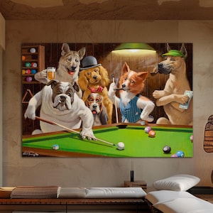 Dogs playing pool canvas wall art print Game room decor Dog lover funny print Dog wall art Animal art prints Large wall art