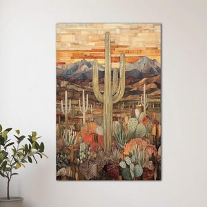 Desert Arizona canvas wall art print Western decor Cactus mountain wall art Mosaic art PRINT Wood wall art prints Printable wall art