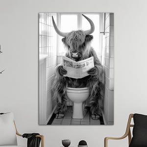 Highland cow on toilet canvas wall art print Funny bathroom decor Toilet bathroom art Highland cow art prints Printable wall art