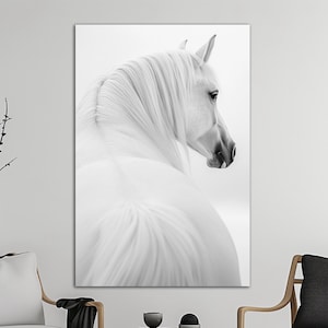 White horse canvas wall art print Minimalist cottagecore decor Portrait horse art Horse lover gift Farmhouse wall decor Printable wall art