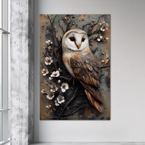 Original owl canvas wall art print Rustic home decor Owl painting Bird wall art Cottagecore wall decor Bird art prints