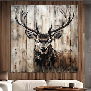 Deer on wood canvas wall art print Rustic home decor Deer print Hunting gifts Country elk woodland animals art prints Wall decor