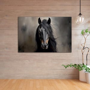 Black horse portrait canvas wall art print Dark academia decor Animal horse art Farmhouse decor Large wall art prints