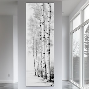 White forest canvas wall art print Tall narrow wall decor Minimalist wall art Forest print Vertical art prints Printable wall art