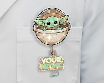 Custom Star Wars Baby Yoda Acrylic Badge Reel With Charm, Custom Employee Appreciation Keepsake, Personalized christmas gift for fans OHZT40
