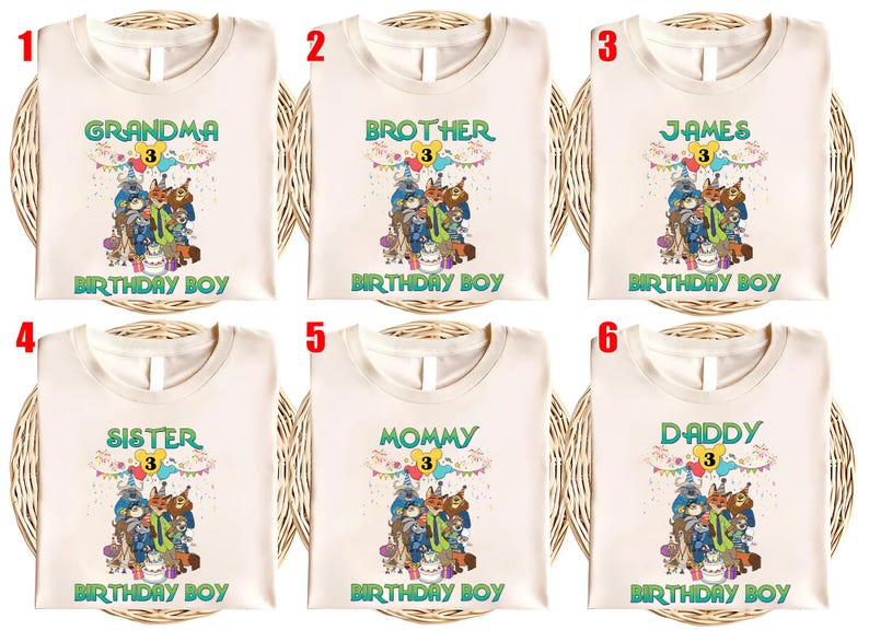May include: Six off-white t-shirts featuring a colorful graphic of cartoon animals at a birthday party. Each shirt displays the number 3 inside a yellow circle, festive bunting, and the text BIRTHDAY BOY. The shirts are labeled 1 through 6.