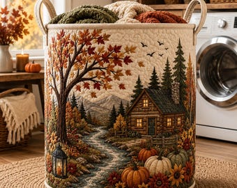 Natural Forest Quilted Laundry Basket, Woodland Storage Hamper, Autumn Nature Organizer, Rustic Cabin Decor Gift SRD-DXM64