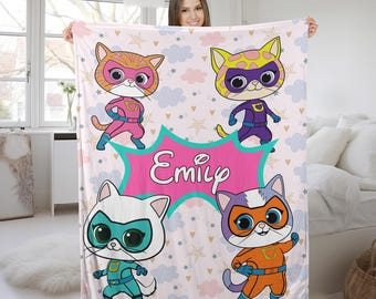 Personalized Superkitties Blanket/Superkittie Birthday Blanket/Custom Super Cat Blanket/Bitsy Ginny Sparks Buddy Cat Burglar Blanket OHQY17
