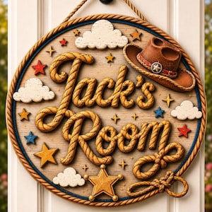 May include: A round wooden sign with a rope border featuring the text Jack's Room in rope lettering. The sign includes a brown cowboy hat, white clouds, and various stars in red, yellow, and blue colors. A gold sheriff star is at the bottom.