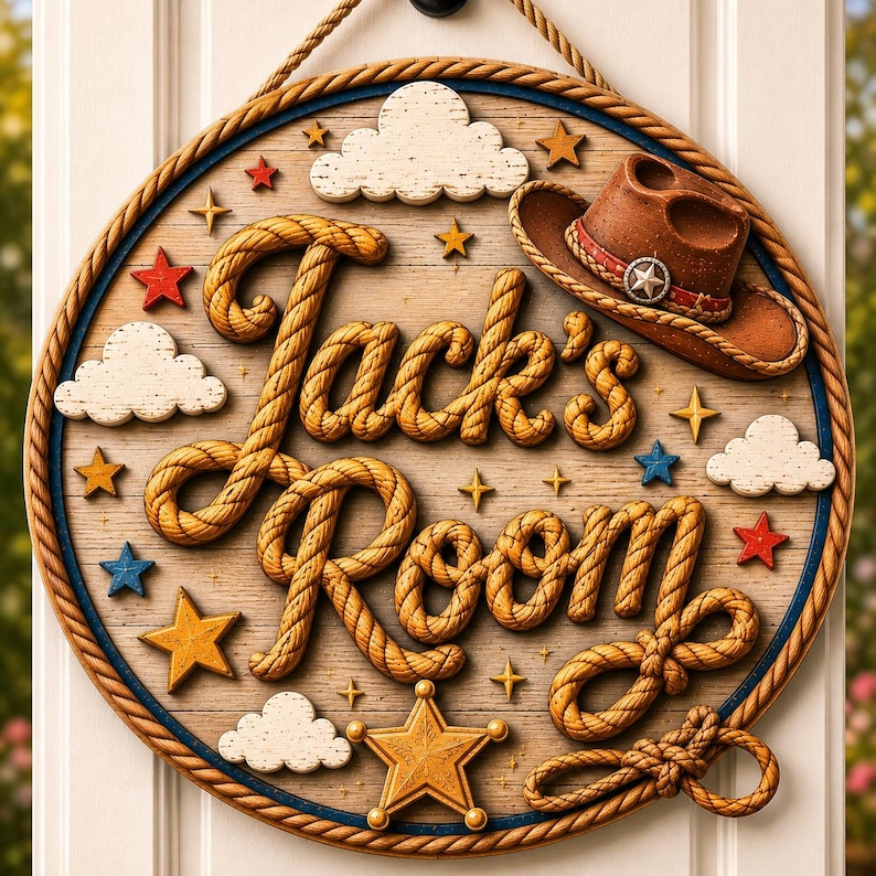 May include: A round wooden sign with a rope border featuring the text Jack's Room in rope lettering. The sign includes a brown cowboy hat, white clouds, and various stars in red, yellow, and blue colors. A gold sheriff star is at the bottom.