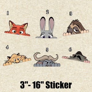 May include: A sheet of stickers featuring six cartoon characters from the movie Zootopia. The stickers include a fox, a rabbit, a sloth, a cheetah, a buffalo, and a rat. The stickers range in size from 3 to 16 inches.