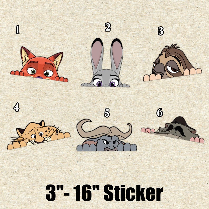 May include: A sheet of stickers featuring six cartoon characters from the movie Zootopia. The stickers include a fox, a rabbit, a sloth, a cheetah, a buffalo, and a rat. The stickers range in size from 3 to 16 inches.