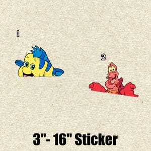 May include: Two cartoon stickers featuring characters from a popular animated film. One sticker depicts a yellow fish with blue accents, and the other shows a red crab. The text "3" - "16" Sticker" is printed in black.