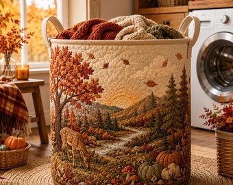 Deer Forest Quilted Laundry Basket, Woodland Storage Hamper, Autumn Nature Organizer, Rustic Cabin Decor Gift SRD-DXM61