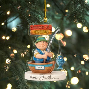 Hooked on Fishing Fisherman Custom Personalized Christmas Ornament Gift for Grandpa Men Teen Child Boy Personalized Fishing Ornament AXKK02