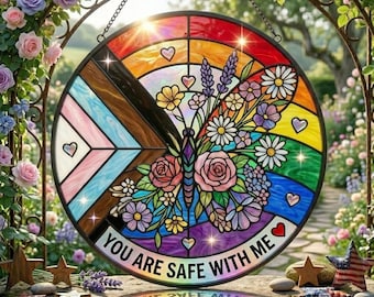 You Are Safe With Me Suncatcher, Progress Pride Flag, LGBTQ Stained Glass Window Hanging, Transgender Flag  SSCC21