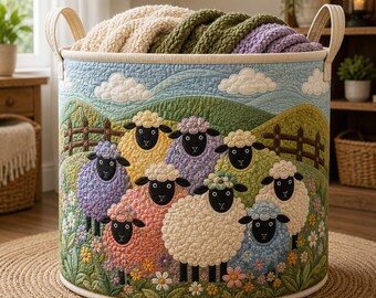 Colorful Sheep Quilted Laundry Basket, Farmhouse Storage Hamper, Colorful Lamb Organizer, Country Home Decor Gift SRD-KXM01