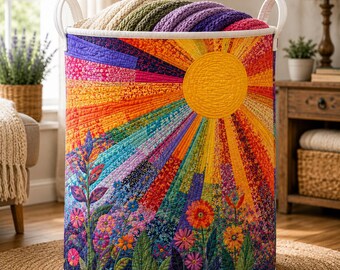 Quilted Laundry Basket, Sunburst Floral Hamper, Colorful Garden Basket, Bright Quilt Storage Bin, Boho Home Decor SRD-KXM09