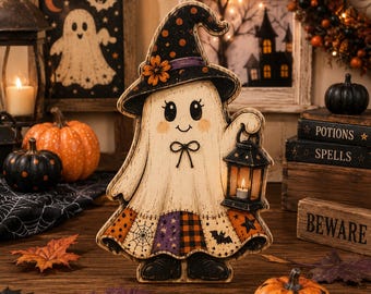 Ghost Pumpkin Wooden Block, Halloween Ghost Shelf Sitter, Rustic Fall Pumpkin Decor,Ghost Wooden Block, Farmhouse Halloween Gift URD-O1Q43B