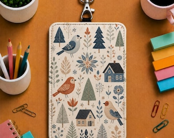 Scandinavian Bird Leather Badge Holder, Nordic Folk Art ID Badge Holder, Nurse Teacher Badge Holder, Woodland Work Card Holder UO1Q68-RD
