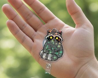 Racoon Badge Reel, Cute Sparkle Animal ID Holder, Funny Retractable Nurse Badge Clip, Kawaii Trash Panda Reel SBRL2T03