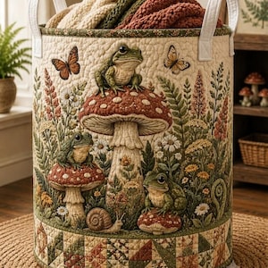 May include: A cylindrical quilted fabric laundry basket featuring a cream background with a printed design of three green frogs, red mushrooms, butterflies, a snail, and wildflowers. The basket has two white fabric handles and a patchwork base.
