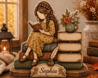 Personalized Book Lover Wooden Block, Reading Girl Shelf Sitter, Custom Name Bookish Decor, Rustic Wooden Block Gift for Readers URD-O1Q46