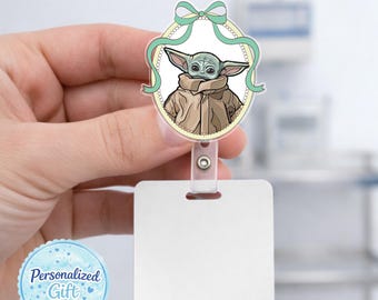 Personalized Mandalorian Badge Reel, Grogu Badge Holder, Baby Yoda ID Badge Reel, Retractable Nurse Badge Reel, Star Wars Gift  AYFC05