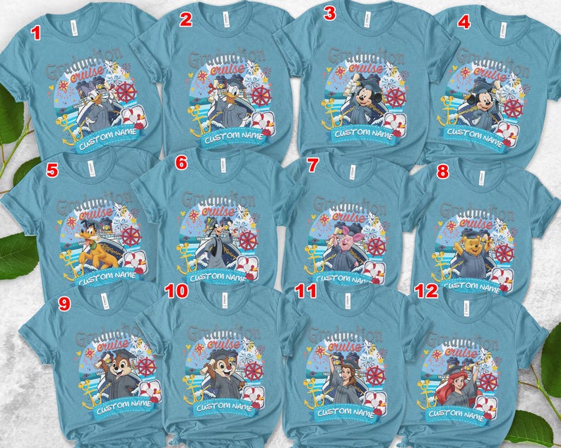 May include: A collection of light blue t-shirts featuring various cartoon characters in graduation attire. Each shirt has the words "Graduation Cruise" and "Custom Name" printed on it, along with nautical-themed graphics.