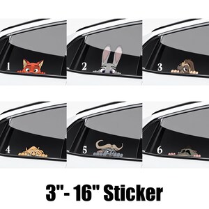 May include: A set of six car window stickers featuring characters from the animated movie Zootopia. Each sticker shows a different character peeking over the edge of a car window. The stickers range in size from 3 to 16 inches.