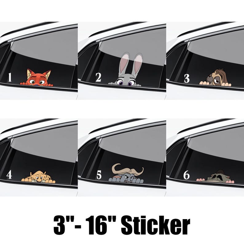 May include: A set of six car window stickers featuring characters from the animated movie Zootopia. Each sticker shows a different character peeking over the edge of a car window. The stickers range in size from 3 to 16 inches.