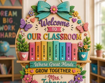 Personalized Teacher Classroom Door Sign, Custom Teacher Name Wooden Classroom Decor, Teacher Door Hanger, Welcome Classroom Sign SSIGN56
