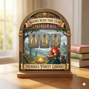 May include: Wooden book counter with the text "BOOKS READ THIS YEAR" and "MERIDA'S FOREST LIBRARY". The counter shows "093" with a scene of a woman reading by a fire. A stack of books is on the right.
