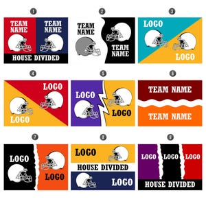 May include: A collection of nine graphic designs featuring football helmets. Each design includes text such as "TEAM NAME," "LOGO," and "HOUSE DIVIDED," set against various color combinations like red, blue, black, and gold.
