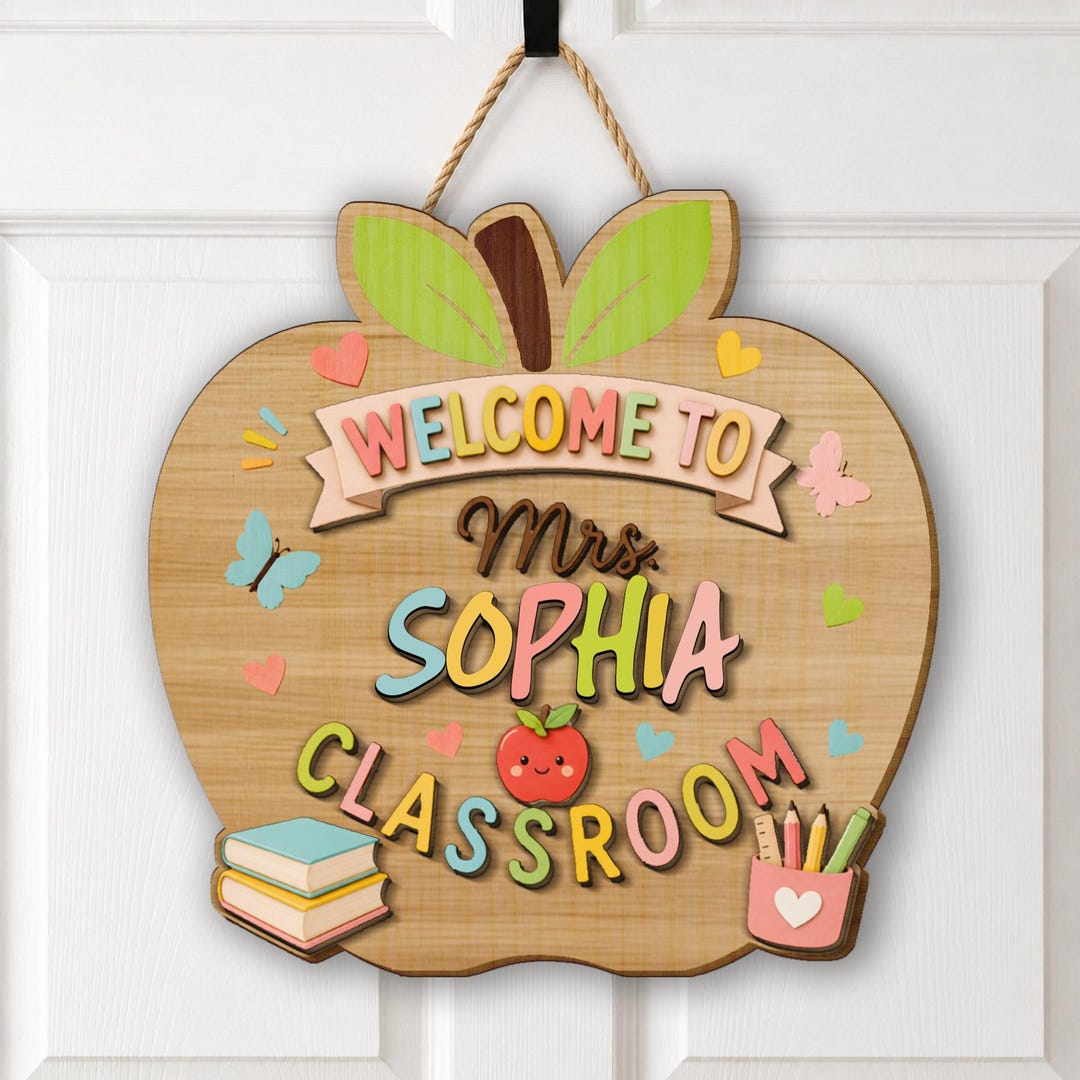 Personalized Teacher Apple Name Sign, 3D Door Hanger, Classroom Decor ...