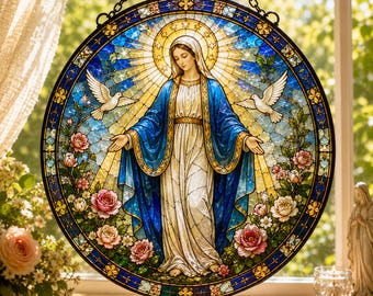 Virgin Mary Stained Glass Suncatcher, Blessed Mother Rose Halo, Catholic Gift UARENSC68