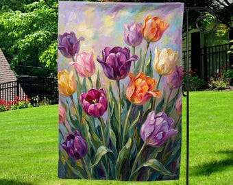 Tulip Garden Flag, Painted Flower Yard Flag, Spring Garden Flag, House Flag, Garden Art, Summer Decor, Floral Home Decor AXLI39