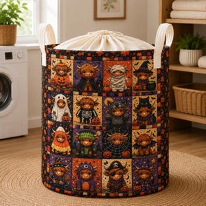 May include: A cylindrical fabric laundry hamper featuring a patchwork print of Highland cows dressed in various Halloween costumes, including a mummy, skeleton, and pirate. The hamper has two white fabric handles and a drawstring top closure.