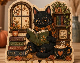 Black Cat Reading Wooden Block, Book Lover Cat Shelf Sitter, Cozy Autumn Cat Decor, Rustic Wooden Block Gift for Bookworms URD-O1Q47