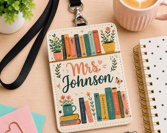 Personalized Cottagecore Bookshelf Leather ID Card Holder, Custom Name Librarian Gifts, Teacher Accessories, Teacher Appreciation URD-OZD28