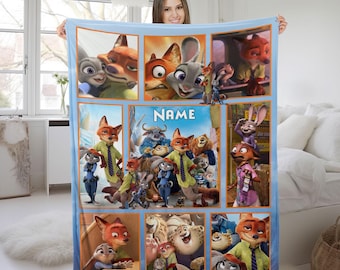 Manta personalizada de Zootopia con los nombres de Nick Wilde y Judy Hopps, regalo de cumpleaños de Zootopia, regalo de Navidad UM5J12