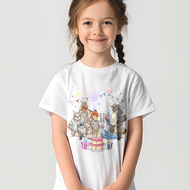 May include: White t-shirt featuring a colorful illustration of animated animal characters gathered around a birthday cake. The design includes a banner, balloons, and the number 3. The shirt is worn by a young girl with braided hair.