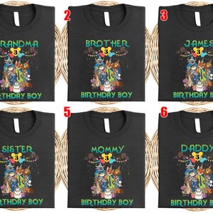 May include: Six black t-shirts featuring a graphic of cartoon animals, a birthday cake, and colorful bunting. Each shirt displays the number 3 inside a yellow mouse-ear icon, with text including Grandma, Brother, James, Sister, Mommy, or Daddy, and Birthday Boy.