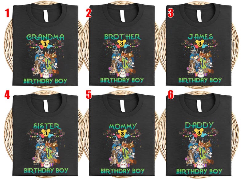 May include: Six black t-shirts featuring a graphic of cartoon animals, a birthday cake, and colorful bunting. Each shirt displays the number 3 inside a yellow mouse-ear icon, with text including Grandma, Brother, James, Sister, Mommy, or Daddy, and Birthday Boy.