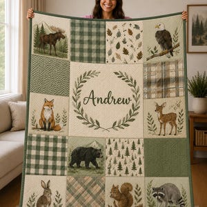 Personalized Woodland Quilt Blanket, Forest Animal Patchwork Throw Blanket UARENQB43