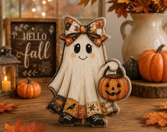 Ghost Pumpkin Wooden Block, Halloween Ghost Shelf Sitter, Rustic Fall Pumpkin Decor,Ghost Wooden Block, Farmhouse Halloween Gift URD-O1Q43A
